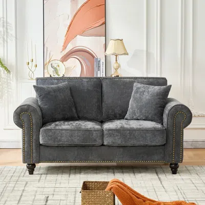Streamdale Furniture Streamdale 63" Modern 2-seater Chenille Sofa, Rolled Arms, Nailhead Trim, Gray