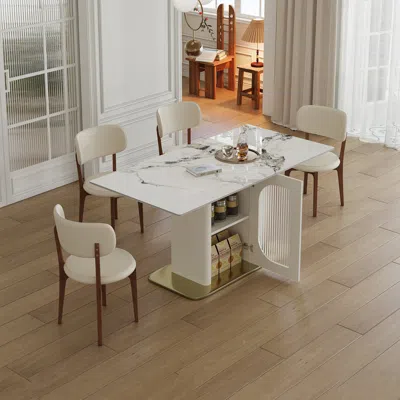 Streamdale Furniture Streamdale 63" Modern Dining Table Set, Burnt Stone Top, Gold Base, 4 White Chairs
