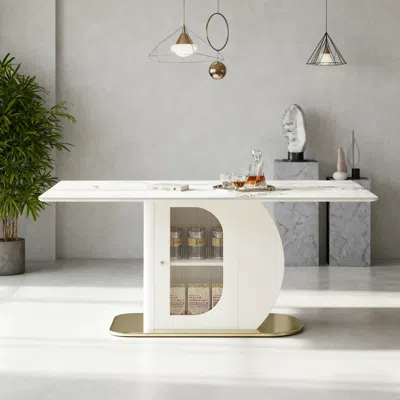 Streamdale Furniture Streamdale 63" Modern Dining Table W/ Storage, Sintered Stone Top, Golden Wood Base In White
