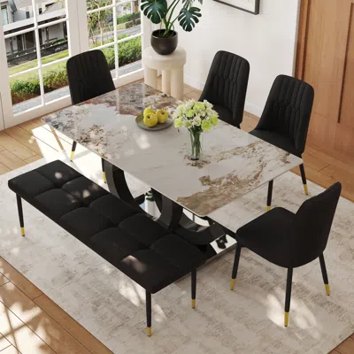 Streamdale Furniture Streamdale 63" Pandora Sintered Stone Dining Table Set With 4 Chairs And 1 Bench