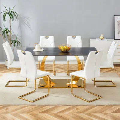 Streamdale Furniture Streamdale 63" Sintered Stone Dining Set: Black Table, 6 White/gold Chairs
