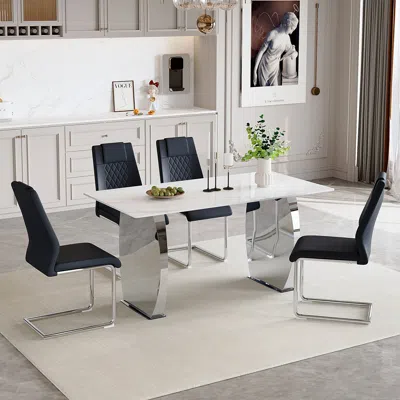 Streamdale Furniture Streamdale 63" Snow Mountain Stone Dining Table Set (4 Pu Chairs)