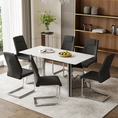 Streamdale Furniture Streamdale 63" Snow Mountain Table & 6 Black Pu Chairs
