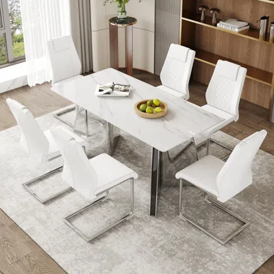 Streamdale Furniture Streamdale 63" Snow Mountain Table & 6 White Pu Chairs