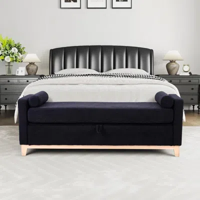 Streamdale Furniture Streamdale 66" Black Sherpa Storage Bench With Solid Wood Legs & 2 Bolster Pillows