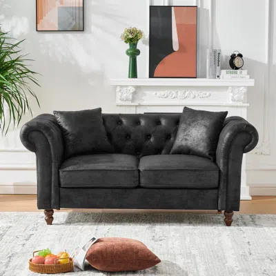 Streamdale Furniture Streamdale 66" Chesterfield Tech Fabric Sofa, Mid Century Modern Couch, Black