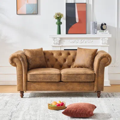 Streamdale Furniture Streamdale 66" Chesterfield Tech Fabric Sofa, Mid Century Modern Couch, Brown