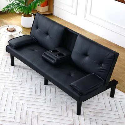 Streamdale Furniture Streamdale 67" Black Pvc Multifunctional Sofa Bed With Foldable Design & Cup Holder