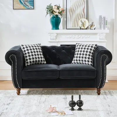 Streamdale Furniture Streamdale 67" Chesterfield Velvet Sofa, Roll Arm, Nailhead - Black