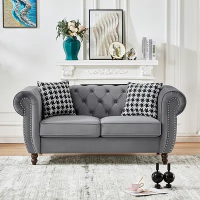 Streamdale Furniture Streamdale 67" Chesterfield Velvet Sofa, Roll Arm, Nailhead - Grey