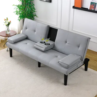 Streamdale Furniture Streamdale 67" Light Gray Pvc Sofa Bed With Foldable Design & Cup Holders