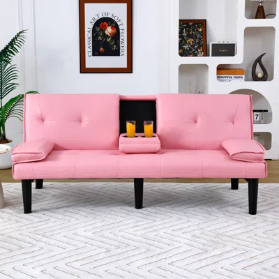 Streamdale Furniture Streamdale 67" Pink Pvc Sofa Bed With Foldable Design & Cup Holder
