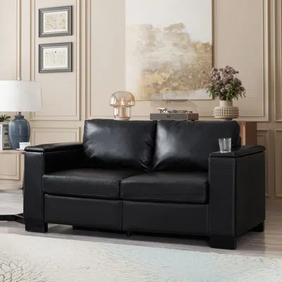 Streamdale Furniture Streamdale 67.7" Modern Faux Leather Loveseat With Cup Holder & Storage - Black