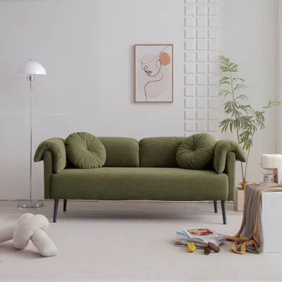 Streamdale Furniture Streamdale 68.5"modern Lamb Wool Sofa With Decorative Throw Pillows For Small Spaces In Green
