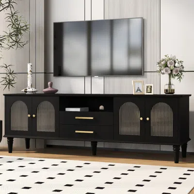 Streamdale Furniture Streamdale 68.9" Retro Tv Stand - Fluted Glass Doors, Wood Legs In Brown