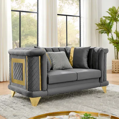 Streamdale Furniture Streamdale 69" Velvet Loveseat Sofa, Gold Trim, Tufted, Pillows - Gray
