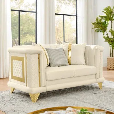 Streamdale Furniture Streamdale 69" Velvet Loveseat Sofa, Gold Trim, Tufted, Pillows, Beige