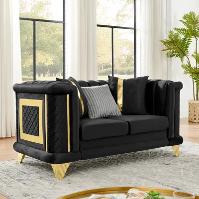Streamdale Furniture Streamdale 69" Velvet Loveseat Sofa, Gold Trim, Tufted, Pillows, Black
