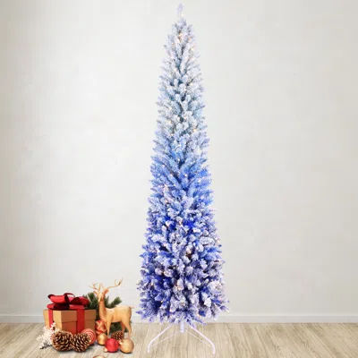Streamdale Furniture Streamdale 6ft Blue Gradient Flocked Pencil Christmas Tree With 200 Warm White Led Lights
