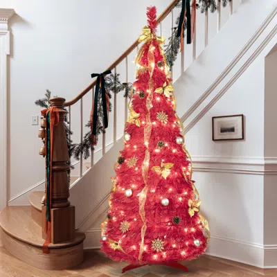 Streamdale Furniture Streamdale 6ft Red Pop-up Christmas Tree W/ 150 Warm White Led Lights & Ornaments