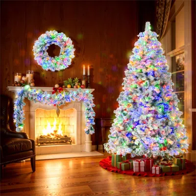 Streamdale Furniture Streamdale 6ft Snow Flocked Christmas Tree Pre-lit With Garland Wreath Led Lights & Pine Cones