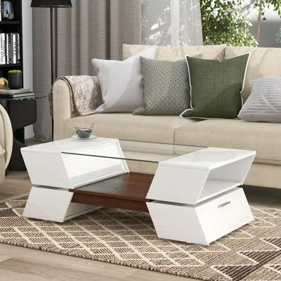 Streamdale Furniture Streamdale 6mm Glass-top Coffee Table With Open Shelves And Cabinets In White