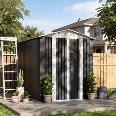 Streamdale Furniture Streamdale 6x9 Ft Metal Garden Shed With Hinge Door Grey Outdoor Tool House Apex Roof