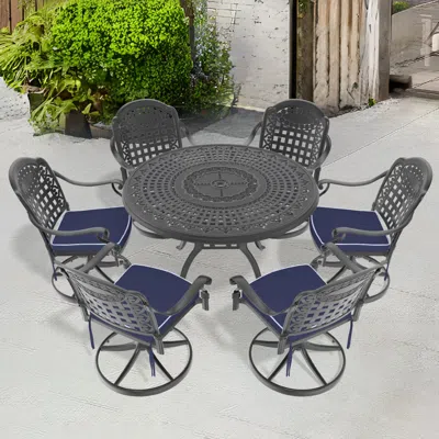 Streamdale Furniture Streamdale 7-pc Cast Aluminum Dining Set, 6 Swivel Chairs, 47" Round Table, Black Frame