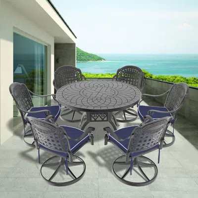 STREAMDALE FURNITURE STREAMDALE 7-PC CAST ALUMINUM DINING SET, 6 SWIVEL CHAIRS, 47" ROUND TABLE, BLACK FRAME