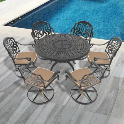 Streamdale Furniture Streamdale 7-pc Cast Aluminum Dining Set, 6 Swivel Chairs, 47" Round Table, Black Frame