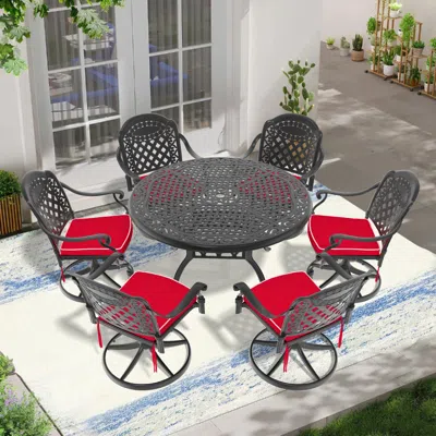 Streamdale Furniture Streamdale 7-pc Cast Aluminum Dining Set, 6 Swivel Chairs, 48" Round Table, Black Frame