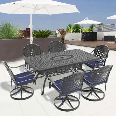 STREAMDALE FURNITURE STREAMDALE 7-PC CAST ALUMINUM DINING SET, 6 SWIVEL CHAIRS, RECTANGULAR TABLE, BLACK FRAME
