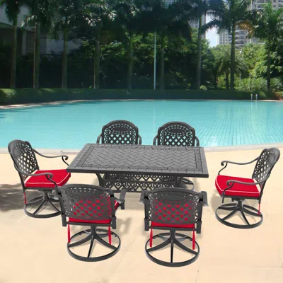 STREAMDALE FURNITURE STREAMDALE 7-PC CAST ALUMINUM DINING SET, 6 SWIVEL CHAIRS, RECTANGULAR TABLE, BLACK FRAME