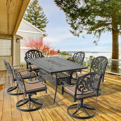 STREAMDALE FURNITURE STREAMDALE 7-PC CAST ALUMINUM DINING SET, 6 SWIVEL CHAIRS, RECTANGULAR TABLE, BLACK FRAME