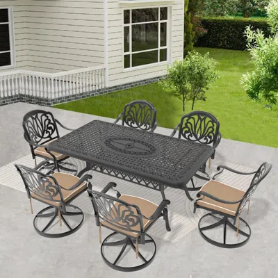STREAMDALE FURNITURE STREAMDALE 7-PC CAST ALUMINUM DINING SET, 6 SWIVEL CHAIRS, RECTANGULAR TABLE, BLACK FRAME