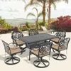 Streamdale Furniture Streamdale 7-pc Cast Aluminum Dining Set, 6 Swivel Chairs, Rectangular Table, Black Frame