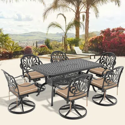 STREAMDALE FURNITURE STREAMDALE 7-PC CAST ALUMINUM DINING SET, 6 SWIVEL CHAIRS, RECTANGULAR TABLE, BLACK FRAME