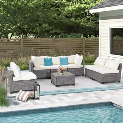 Streamdale Furniture Streamdale 7-piece All-weather Gray Wicker Patio Set With Beige Cushions