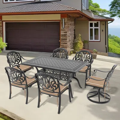 STREAMDALE FURNITURE STREAMDALE 7-PIECE CAST ALUMINUM DINING SET, 2 SWIVEL, 4 CHAIRS, RECTANGULAR TABLE, BLACK FRAME