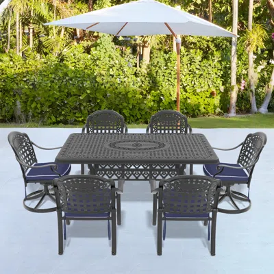 STREAMDALE FURNITURE STREAMDALE 7-PIECE CAST ALUMINUM DINING SET, 2 SWIVEL, 4 CHAIRS, RECTANGULAR TABLE, BLACK FRAME