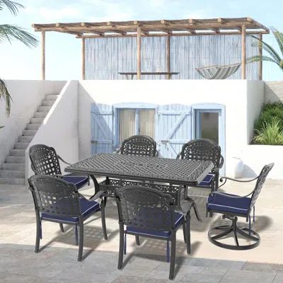 STREAMDALE FURNITURE STREAMDALE 7-PIECE CAST ALUMINUM DINING SET, 2 SWIVEL, 4 CHAIRS, RECTANGULAR TABLE, BLACK FRAME