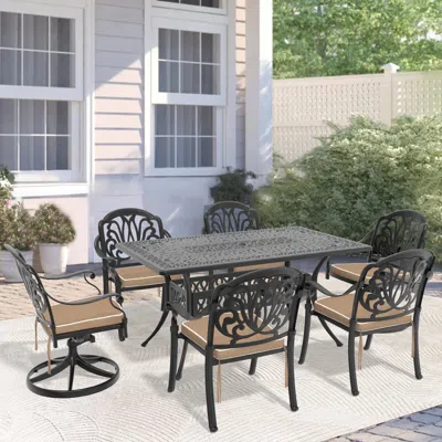 Streamdale Furniture Streamdale 7-piece Cast Aluminum Dining Set, 2 Swivel, 4 Chairs, Rectangular Table, Black Frame