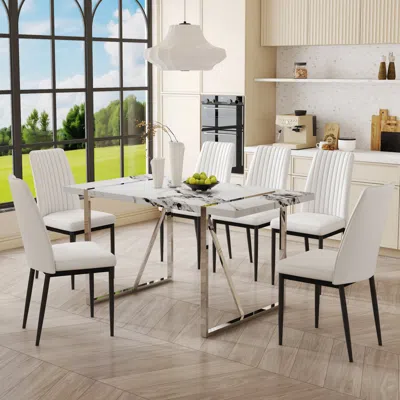 Streamdale Furniture Streamdale 7-piece Faux Marble Dining Set 55" Table & 6 Pu Leather Chairs