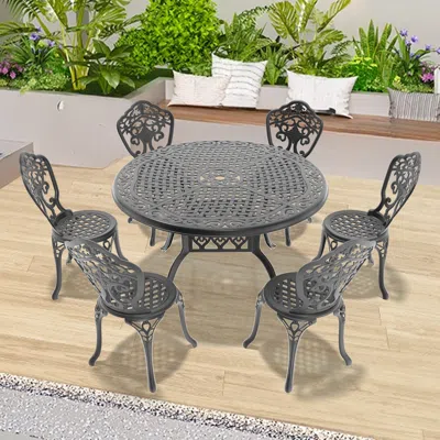 Streamdale Furniture Streamdale 7-piece Set Of All-weather Cast Aluminum Dining Furniture Set With Black Frame