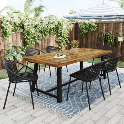 Streamdale Furniture Streamdale 7 Pieces Outdoor Modern Dining Set With Stackable Chair,black +teak
