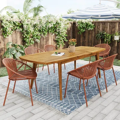 Streamdale Furniture Streamdale 7 Pieces Outdoor Modern Expandable Dining Set With Stackable Chair,orange+teak