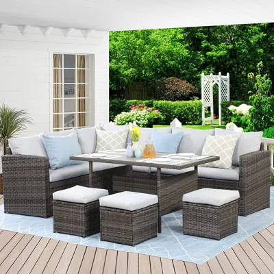 Streamdale Furniture Streamdale 7-pieces Pe Rattan Wicker Patio Dining Sectional Cusions Sofa Set
