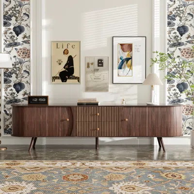 Streamdale Furniture Streamdale 70" Mid-century Modern Tv Stand With Tambour Doors And Fluted Drawers
