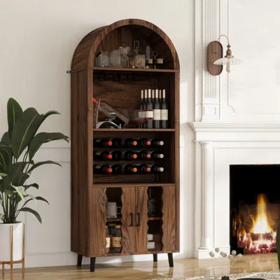 Streamdale Furniture Streamdale 71" Farmhouse Arched Bar Cabinet: Wine Rack & Glass Holder In Brown