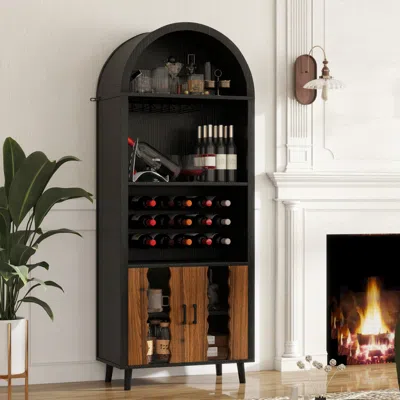 Streamdale Furniture Streamdale 71" Farmhouse Arched Wine Bar Cabinet W/ Wine Rack & Glass Holder In Black